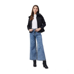 Mayawye Women's Denim & Faux Fur Washed Long Sleeve Jacket (Black)