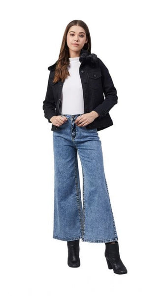 Mayawye Women's Denim & Faux Fur Washed Long Sleeve Jacket (Black)