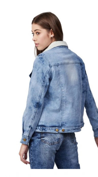 Mayawye Women's Denim Washed Long Sleeve Jacket (Blue)