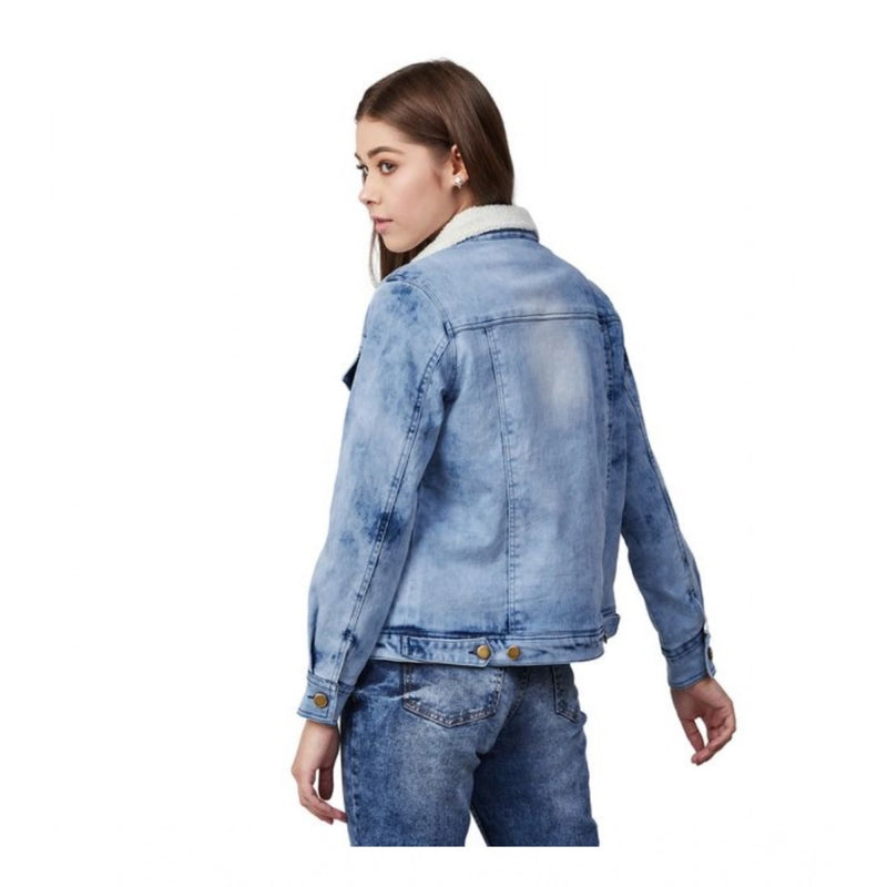 Mayawye Women's Denim Washed Long Sleeve Jacket (Blue)