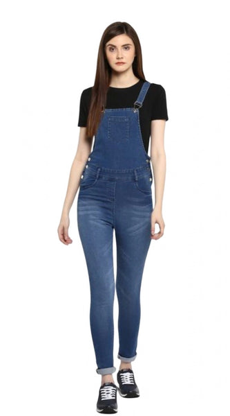 Mayawye Women's Denim Solid Dungaree Pant (Blue)