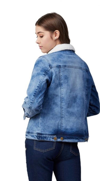 Mayawye Women's Denim Washed Long Sleeve Jacket (Blue)