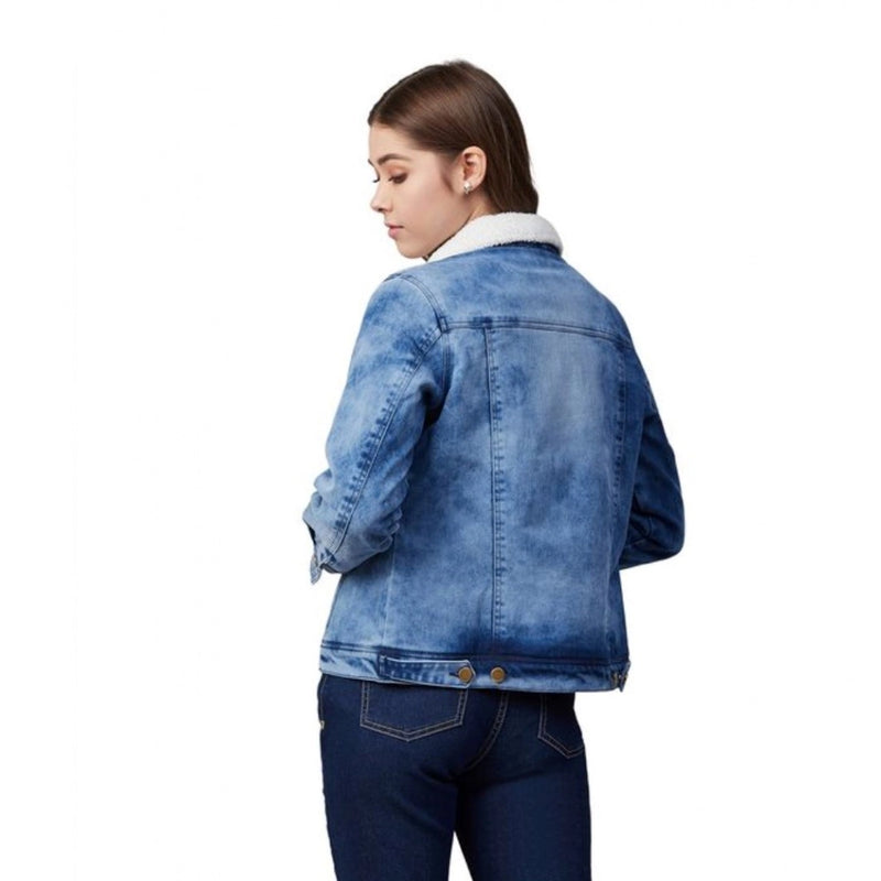 Mayawye Women's Denim Washed Long Sleeve Jacket (Blue)