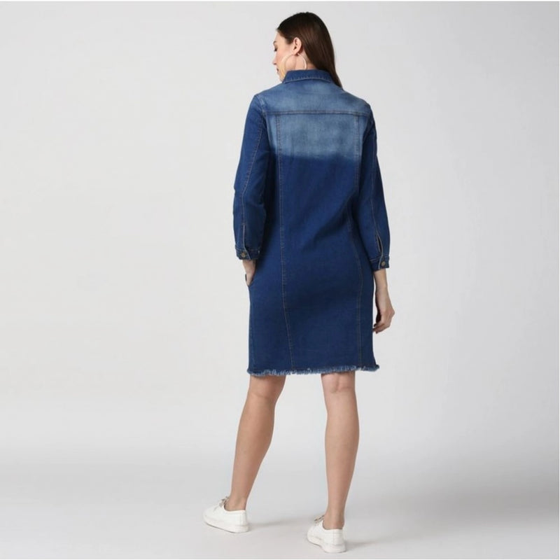 Mayawye Women's Denim Washed Long Sleeve Jacket (Navy Blue)