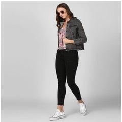 Mayawye Women's Denim Distressed Long Sleeve Jacket (Black)