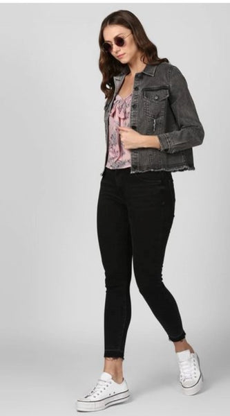 Mayawye Women's Denim Distressed Long Sleeve Jacket (Black)