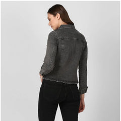 Mayawye Women's Denim Distressed Long Sleeve Jacket (Black)