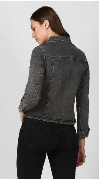Mayawye Women's Denim Distressed Long Sleeve Jacket (Black)