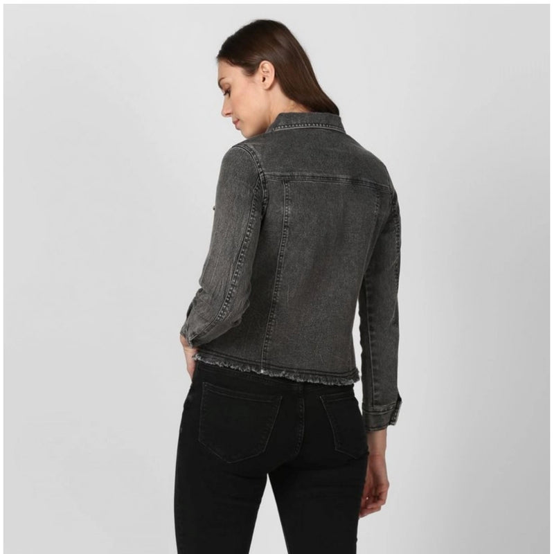 Mayawye Women's Denim Distressed Long Sleeve Jacket (Black)