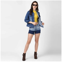 Mayawye Women's Denim Hand Painted Long Sleeve Jacket (Blue)