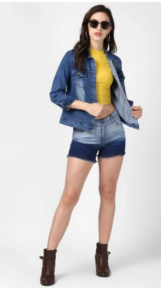 Mayawye Women's Denim Hand Painted Long Sleeve Jacket (Blue)