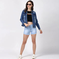 Mayawye Women's Denim Hand Painted Long Sleeve Jacket (Blue)