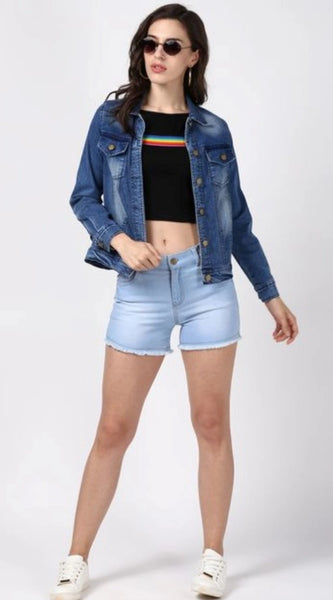 Mayawye Women's Denim Hand Painted Long Sleeve Jacket (Blue)