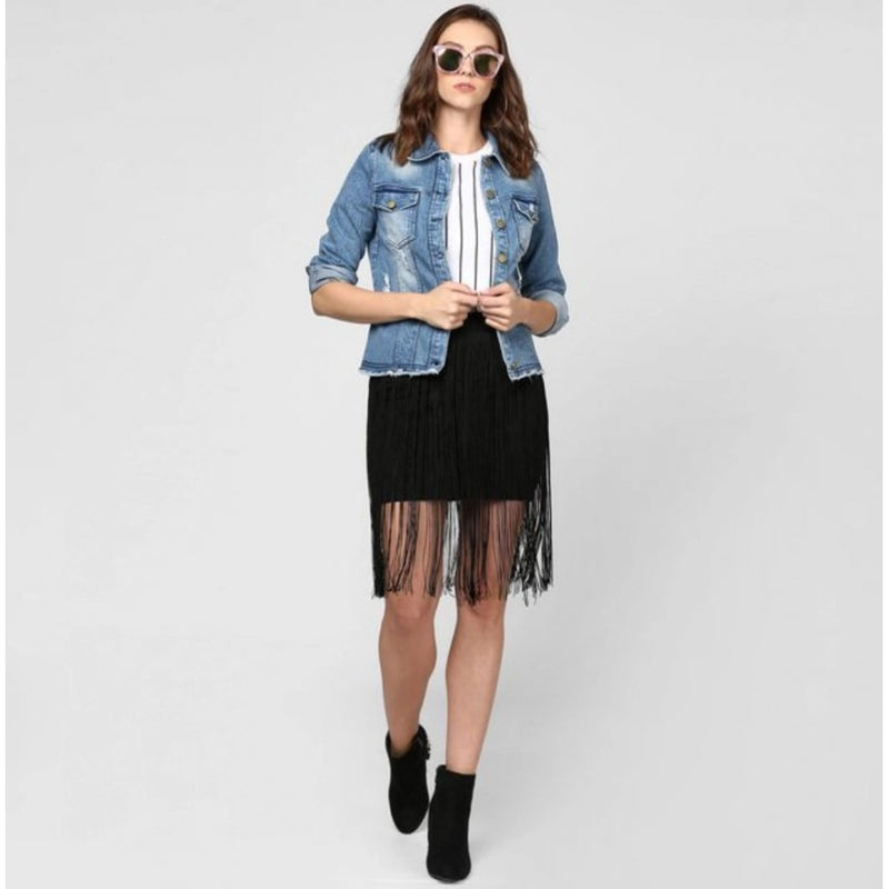 Mayawye Women's Denim Distressed Long Sleeve Jacket (Blue)