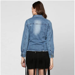 Mayawye Women's Denim Distressed Long Sleeve Jacket (Blue)