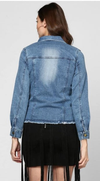 Mayawye Women's Denim Distressed Long Sleeve Jacket (Blue)
