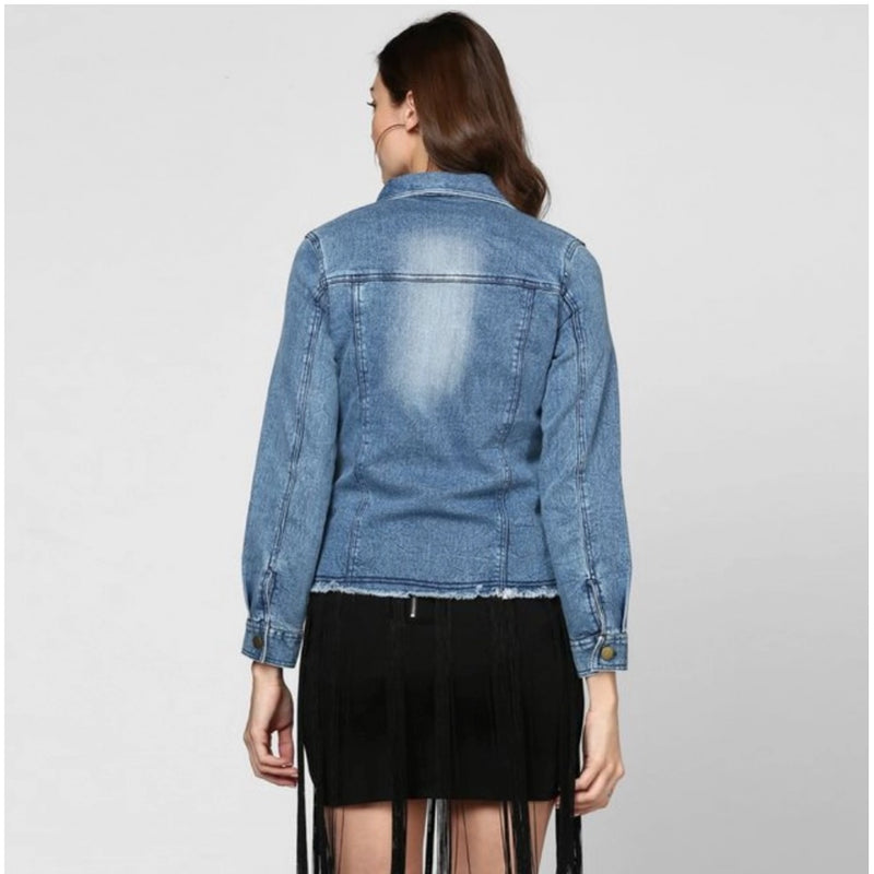 Mayawye Women's Denim Distressed Long Sleeve Jacket (Blue)