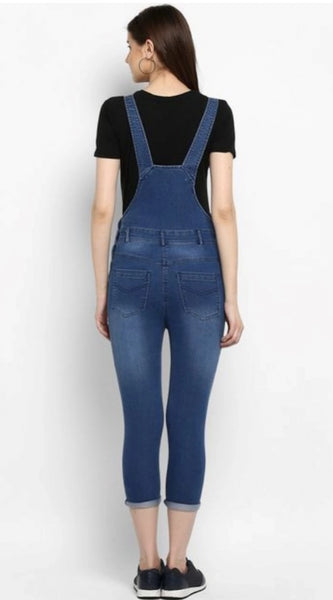 Mayawye Women's Denim Solid Dungaree Pant (Blue)