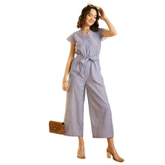 Mayawye Women's Cotton Chambray Striped Short Sleeve Jumpsuit (Blue)