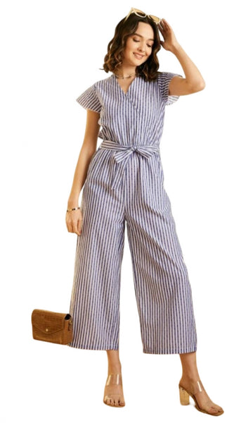 Mayawye Women's Cotton Chambray Striped Short Sleeve Jumpsuit (Blue)