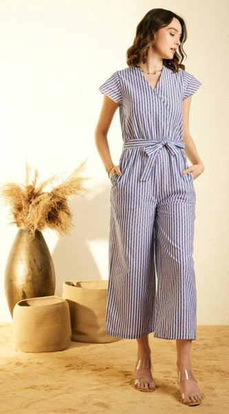 Mayawye Women's Cotton Chambray Striped Short Sleeve Jumpsuit (Blue)