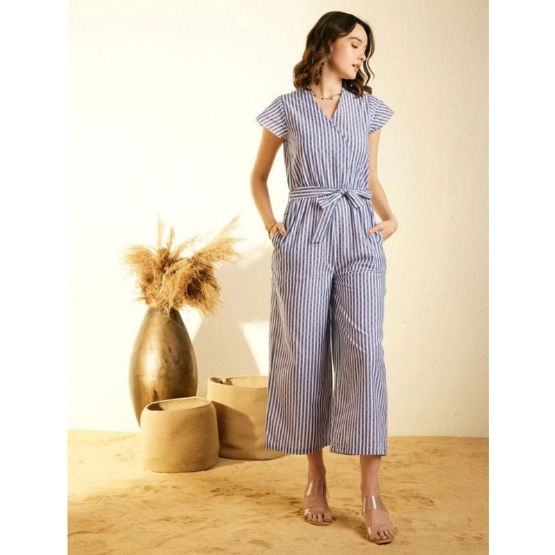 Mayawye Women's Cotton Chambray Striped Short Sleeve Jumpsuit (Blue)