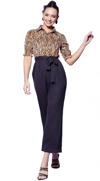 Mayawye Women's Polyester Animal Print Half Sleeve Jumpsuit (Orange - Black)