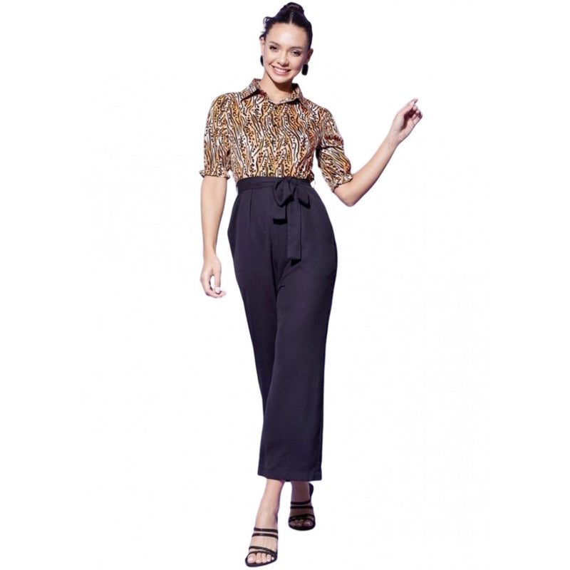 Mayawye Women's Polyester Animal Print Half Sleeve Jumpsuit (Orange - Black)
