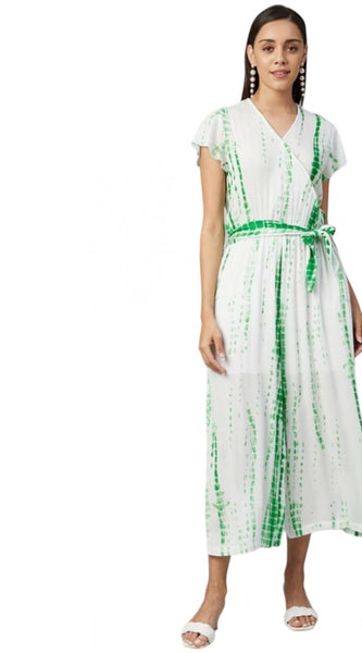 Mayawye Women's Rayon Striped Short Sleeve Jumpsuit (Green - White)