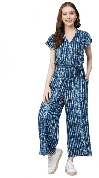 Mayawye Women's Rayon Tie & Dye Short Sleeve Jumpsuit (Blue)