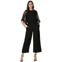 Mayawye Women's Polyester Solid Half Sleeve Jumpsuit (Black)