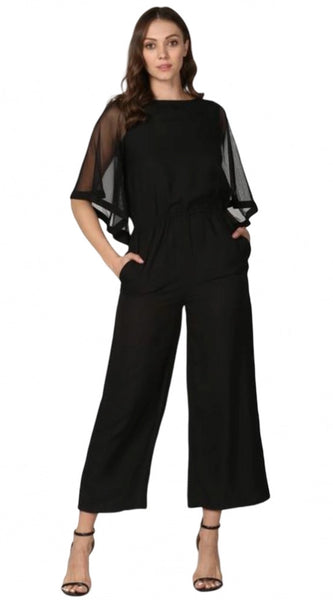 Mayawye Women's Polyester Solid Half Sleeve Jumpsuit (Black)