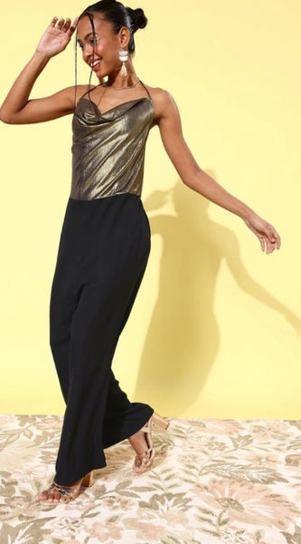 Mayawye Women's Polyester Embellished Sleeveless Jumpsuit (Gold)