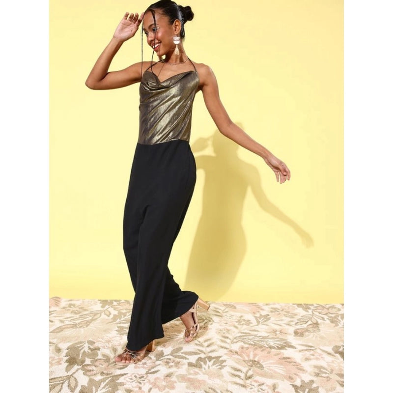 Mayawye Women's Polyester Embellished Sleeveless Jumpsuit (Gold)