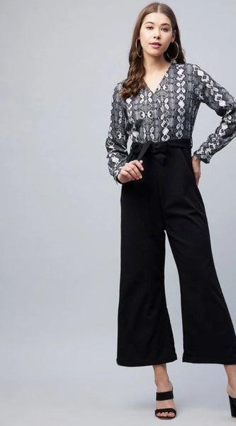 Mayawye Women's Rayon Animal Print Short Sleeve Jumpsuit (Black)