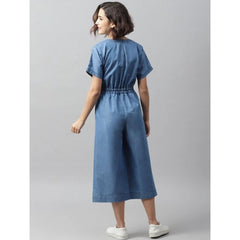 Mayawye Women's Denim Solid Half Sleeve Jumpsuit (Blue)