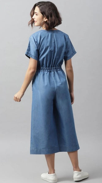 Mayawye Women's Denim Solid Half Sleeve Jumpsuit (Blue)