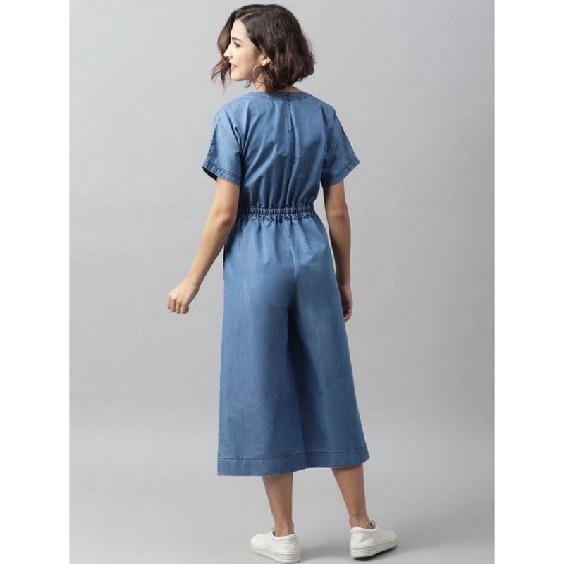Mayawye Women's Denim Solid Half Sleeve Jumpsuit (Blue)