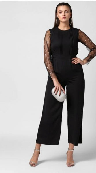 Mayawye Women's Polyester Embellished Long Sleeve Jumpsuit (Black)