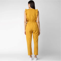 Mayawye Women's Cotton Linen Solid Sleeveless Jumpsuit (Yellow)