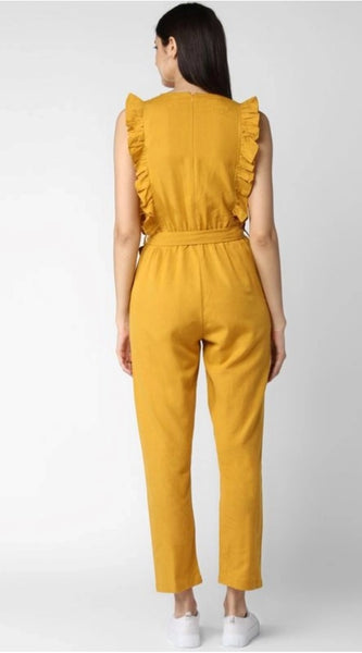 Mayawye Women's Cotton Linen Solid Sleeveless Jumpsuit (Yellow)