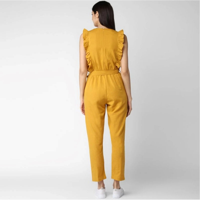 Mayawye Women's Cotton Linen Solid Sleeveless Jumpsuit (Yellow)