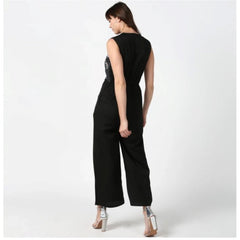 Mayawye Women's Polyester Embroidered Sleeveless Jumpsuit (Black)