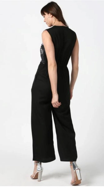 Mayawye Women's Polyester Embroidered Sleeveless Jumpsuit (Black)