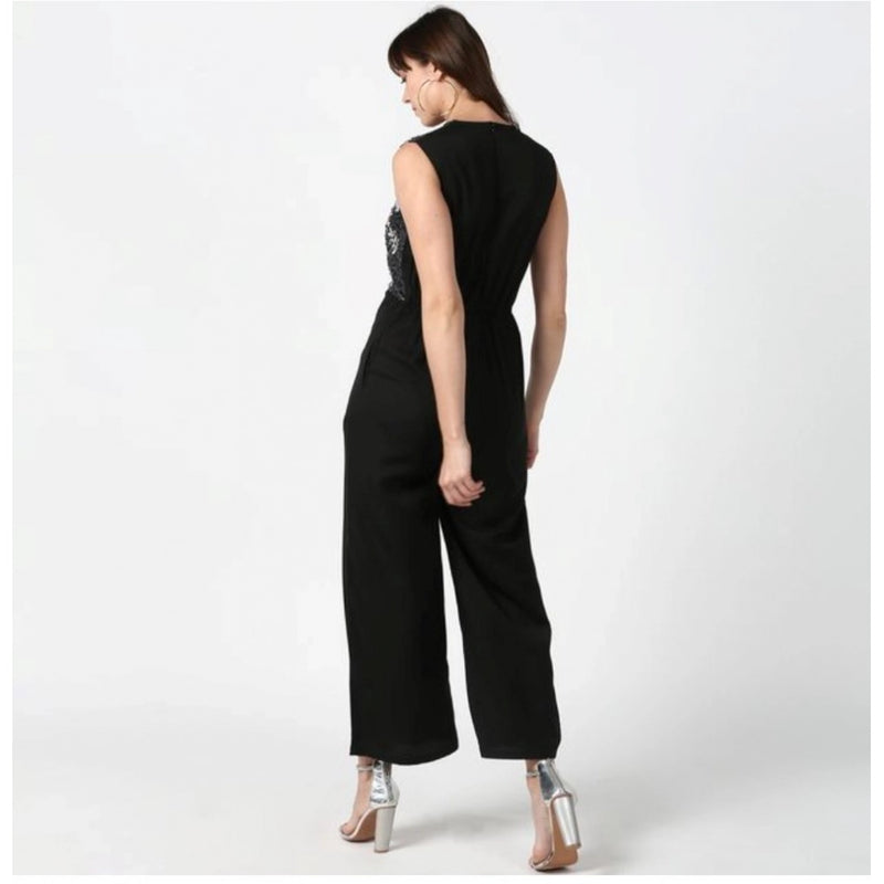 Mayawye Women's Polyester Embroidered Sleeveless Jumpsuit (Black)