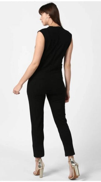 Mayawye Women's Polyester Embellished Sleeveless Jumpsuit (Black)