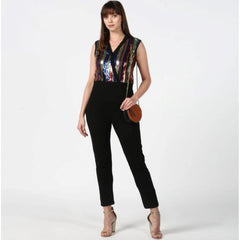 Mayawye Women's Polyester Embellished Sleeveless Jumpsuit (Black)