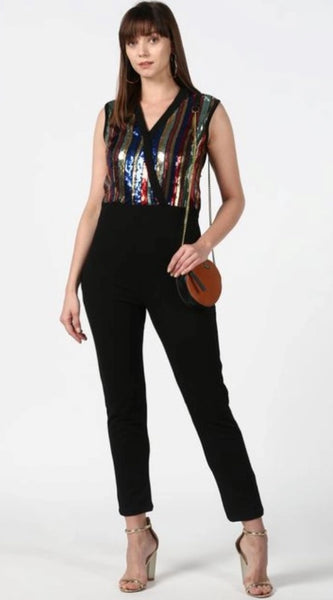 Mayawye Women's Polyester Embellished Sleeveless Jumpsuit (Black)