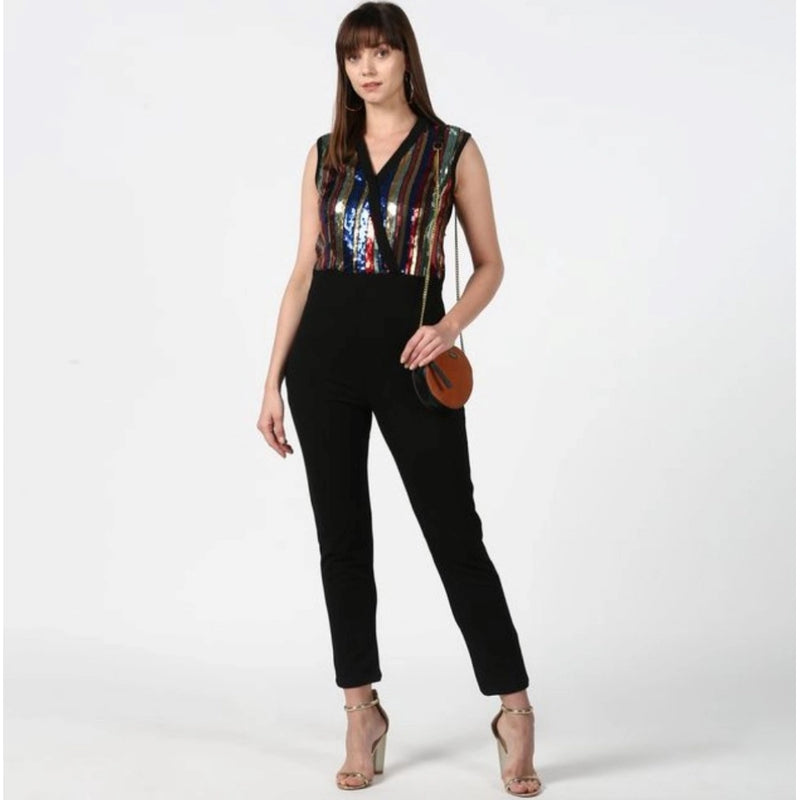 Mayawye Women's Polyester Embellished Sleeveless Jumpsuit (Black)