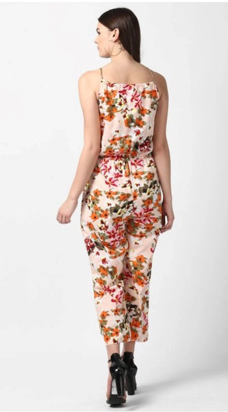 Mayawye Women's Polyester Floral Halter Jumpsuit (Peach)